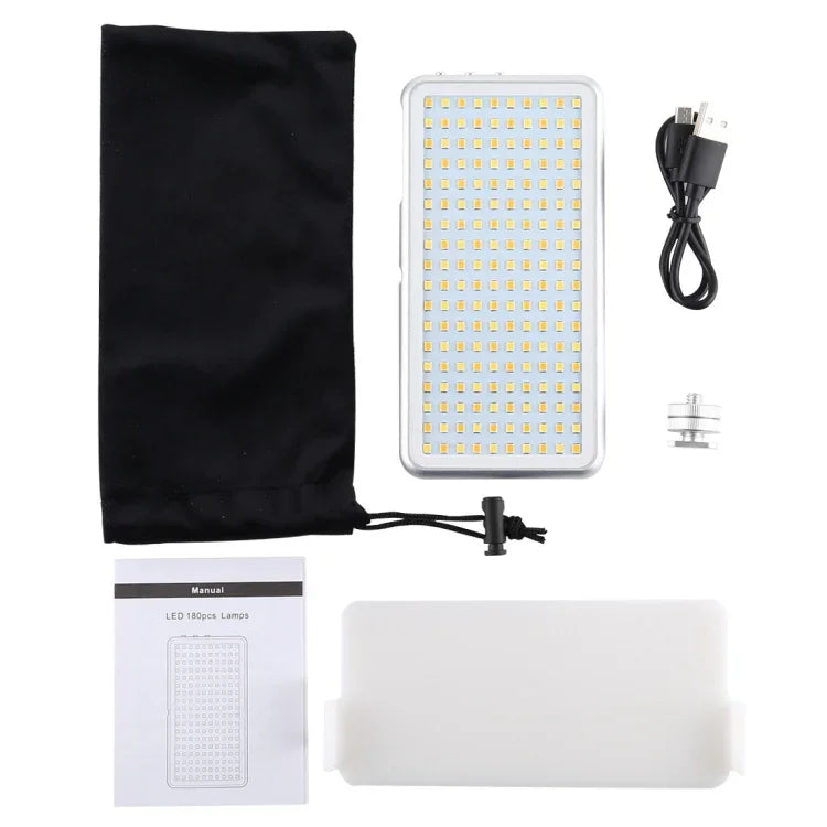 ไฟสตูดิโอ LED011S ขนาดพกพา 180 ดวง สำหรับถ่ายวิดีโอและภาพมืออาชีพ พร้อมจอ OLED และอะแดปเตอร์ Cold Shoe สำหรับกล้อง Canon / Nikon DSLR, 180 LED