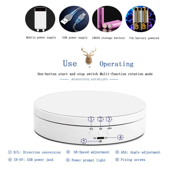 แท่นหมุนแสดงผลชาร์จ USB อัจฉริยะ 360 องศา ขนาด 13.8 ซม. อุปกรณ์ประกอบฉากถ่ายวิดีโอ รับน้ำหนัก 3 กก.