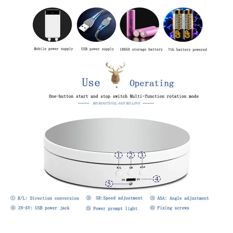 แท่นหมุนแสดงผลชาร์จ USB อัจฉริยะ 360 องศา สไตล์กระจก ขนาด 13.8 ซม. อุปกรณ์ประกอบฉากถ่ายวิดีโอ รับน้ำหนัก 3 กก., กระจก 13.8 ซม./ใช้พลังงานจาก USB(W)