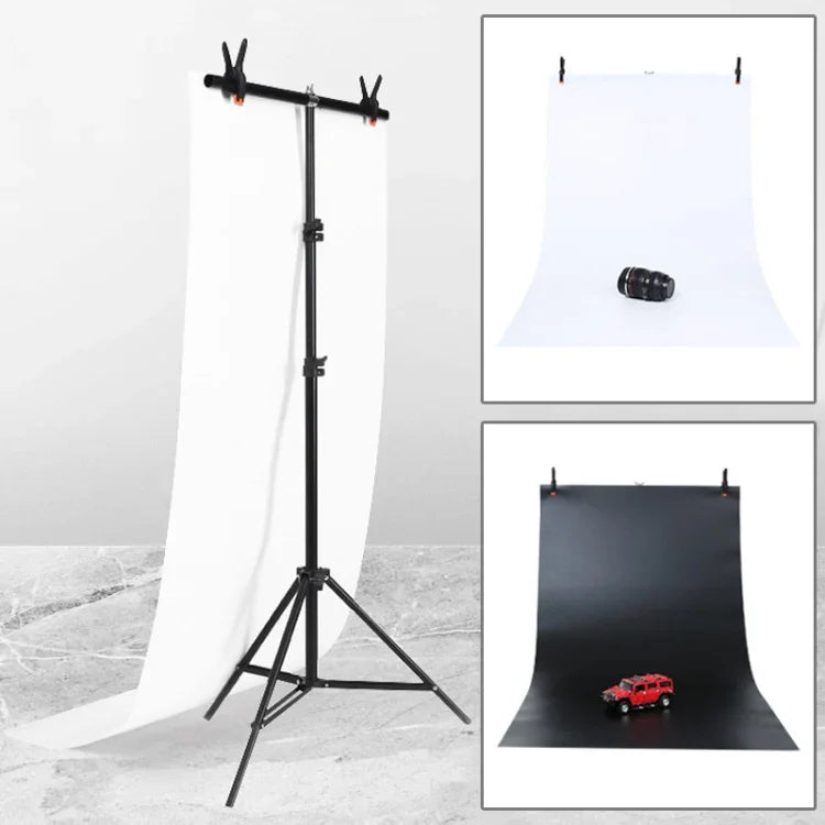 ชุดขาตั้งฉากหลังสตูดิโอถ่ายภาพรูปตัว T ขนาด 70x200 ซม. พร้อมแถบขวางและฉากหลัง PVC สีดำ / ขาว ขนาด 70x140 ซม., 70x200 ซม. พร้อมฉากหลัง