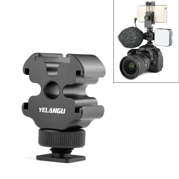 อะแดปเตอร์ขาตั้งรองรองเท้าเย็น 3 หัว YELANGU YLG0601A A68 สำหรับไมโครโฟน ไฟแฟลช ขาตั้งโลหะ, YELANGU A68 3-Head Cold Shoe
