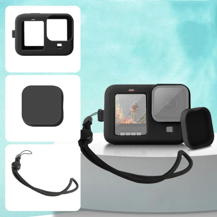 เคสซิลิโคนกันกระแทกพร้อมสายคล้องข้อมือและฝาครอบเลนส์สำหรับ GoPro HERO10 Black / HERO9 Black, สำหรับ GoPro HERO10 Black