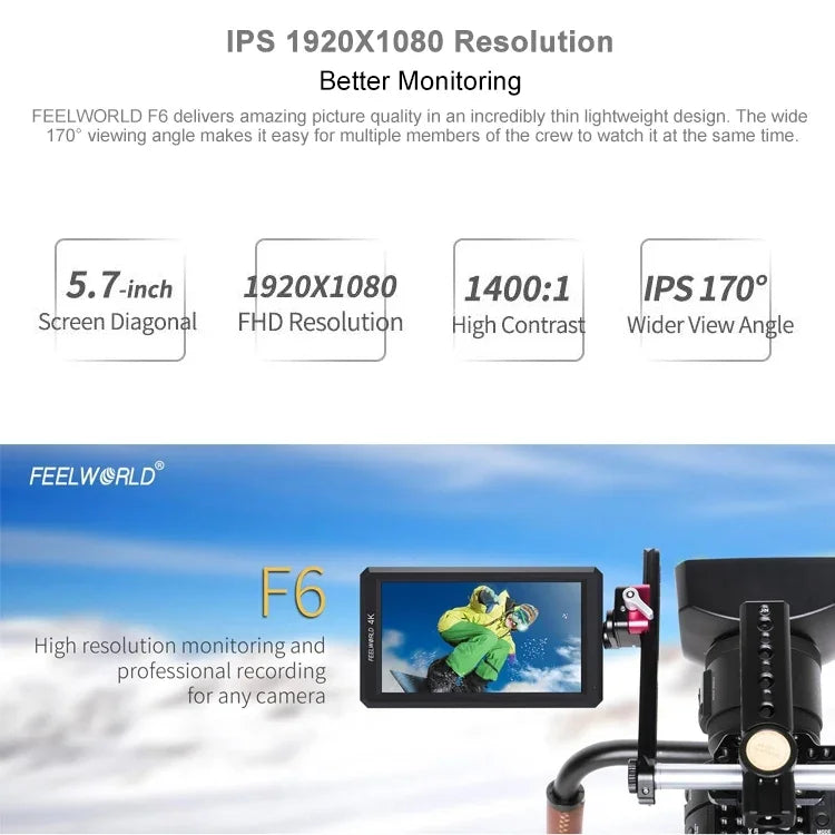 FEELWORLD F6 จอ IPS ขนาด 5.5 นิ้ว 1920x1080 HDMI 4K มอนิเตอร์สนามกล้อง, F6