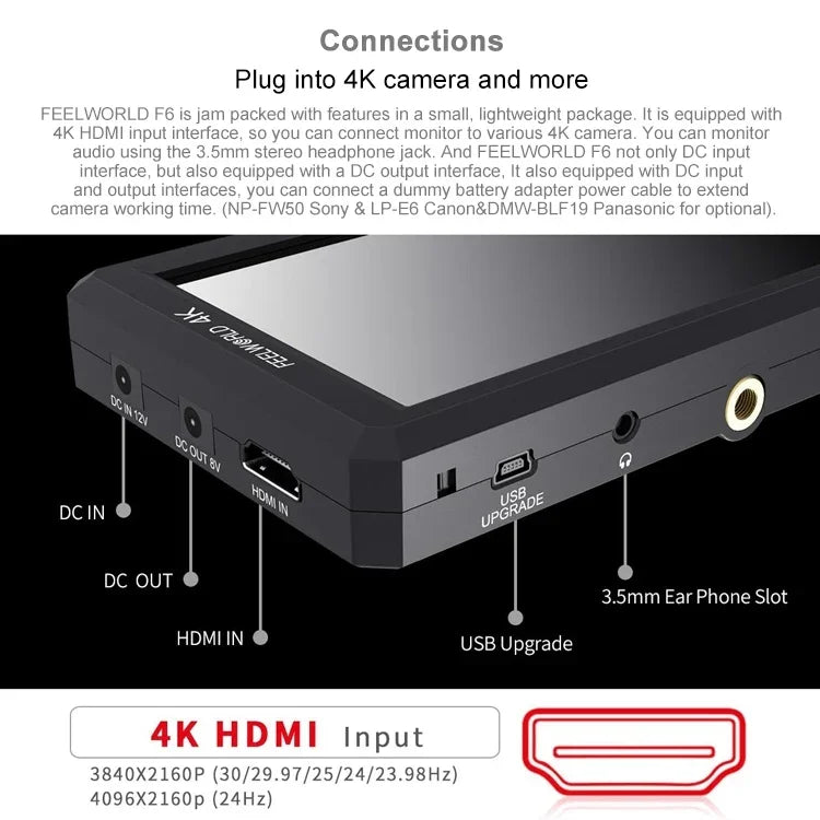 FEELWORLD F6 จอ IPS ขนาด 5.5 นิ้ว 1920x1080 HDMI 4K มอนิเตอร์สนามกล้อง, F6