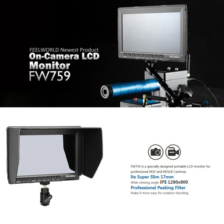FEELWORLD FW759 จอมอนิเตอร์กล้องสนาม IPS ขนาด 7 นิ้ว 1280x800 ความบางพิเศษ HD, FW759