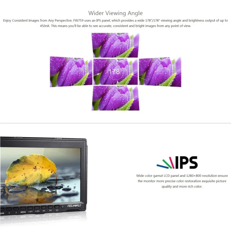 FEELWORLD FW759 จอมอนิเตอร์กล้องสนาม IPS ขนาด 7 นิ้ว 1280x800 ความบางพิเศษ HD, FW759
