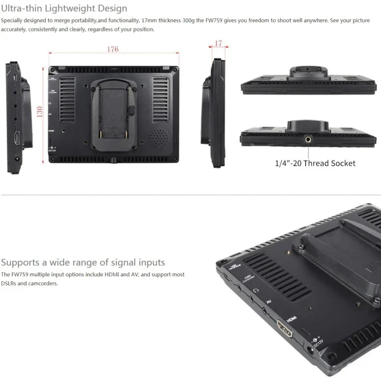 FEELWORLD FW759 จอมอนิเตอร์กล้องสนาม IPS ขนาด 7 นิ้ว 1280x800 ความบางพิเศษ HD, FW759
