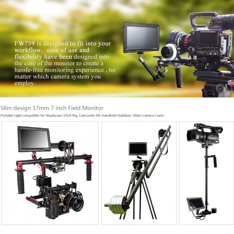 FEELWORLD FW759 จอมอนิเตอร์กล้องสนาม IPS ขนาด 7 นิ้ว 1280x800 ความบางพิเศษ HD, FW759