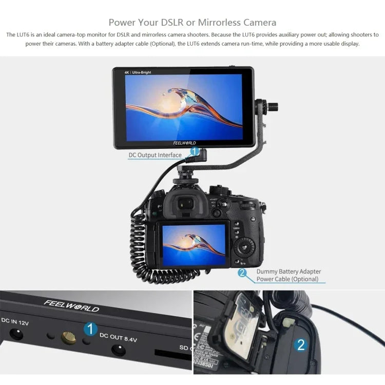 FEELWORLD LUT6 จอ IPS 6 นิ้ว 1920x1080 2600 nits พร้อม HDMI 4K และระบบสัมผัสสำหรับกล้อง LUT6