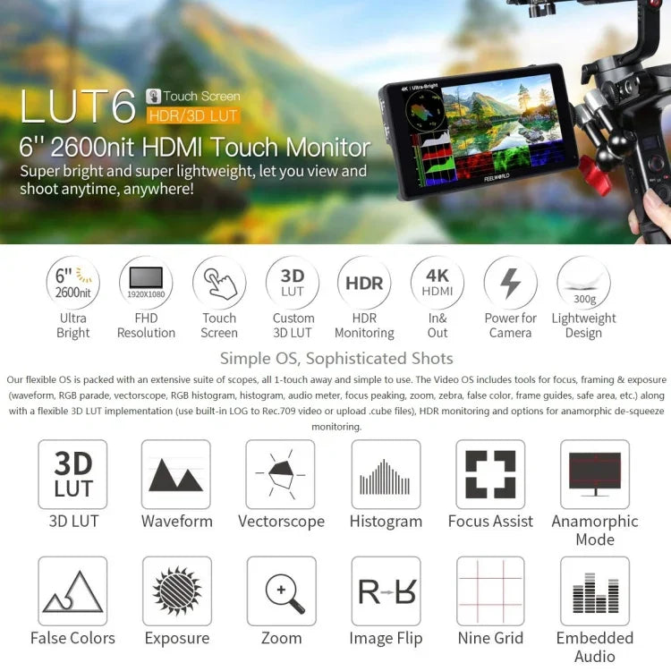 FEELWORLD LUT6 จอ IPS 6 นิ้ว 1920x1080 2600 nits พร้อม HDMI 4K และระบบสัมผัสสำหรับกล้อง LUT6