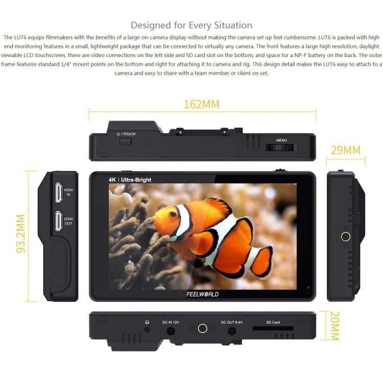 FEELWORLD LUT6 จอ IPS 6 นิ้ว 1920x1080 2600 nits พร้อม HDMI 4K และระบบสัมผัสสำหรับกล้อง LUT6