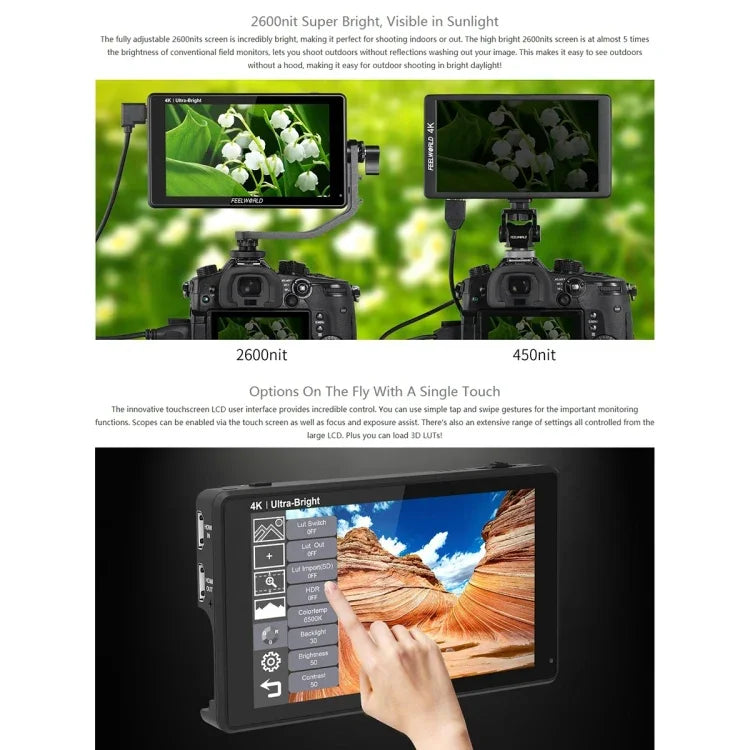 FEELWORLD LUT6 จอ IPS 6 นิ้ว 1920x1080 2600 nits พร้อม HDMI 4K และระบบสัมผัสสำหรับกล้อง LUT6