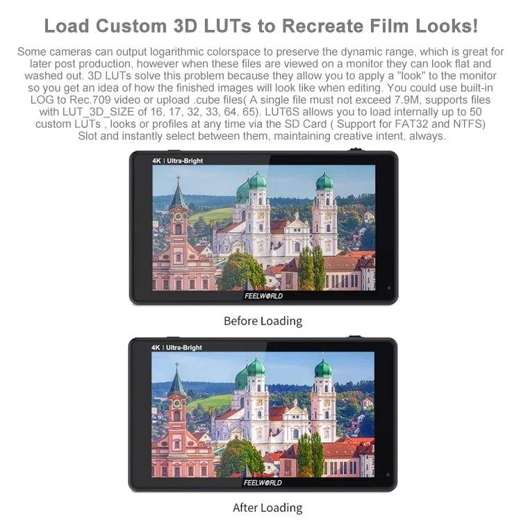 จอมอนิเตอร์กล้อง FEELWORLD LUT6S 1920x1080 2600 nits ขนาด 6 นิ้ว IPS พร้อม HDMI 4K หน้าจอสัมผัส SDI HDI, LUT6S