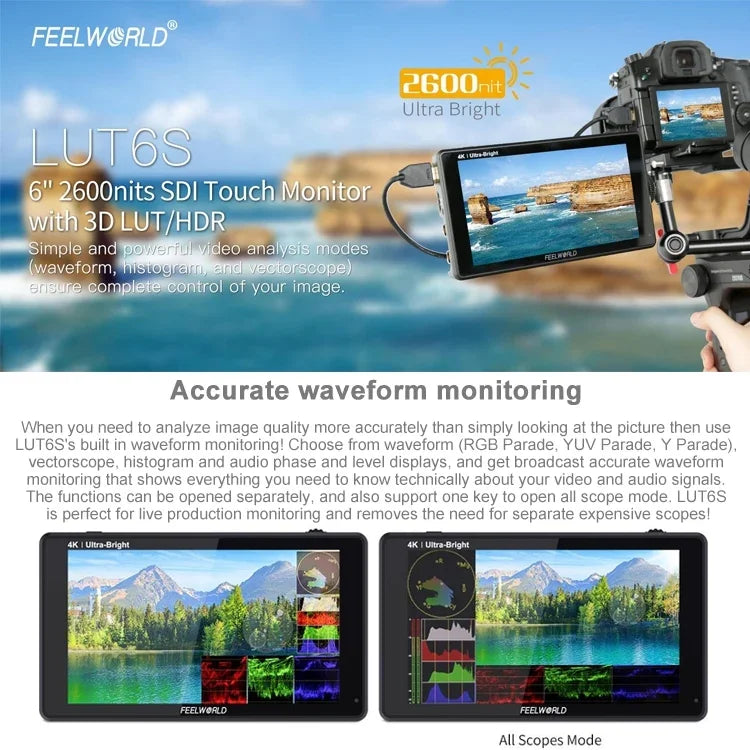 จอมอนิเตอร์กล้อง FEELWORLD LUT6S 1920x1080 2600 nits ขนาด 6 นิ้ว IPS พร้อม HDMI 4K หน้าจอสัมผัส SDI HDI, LUT6S