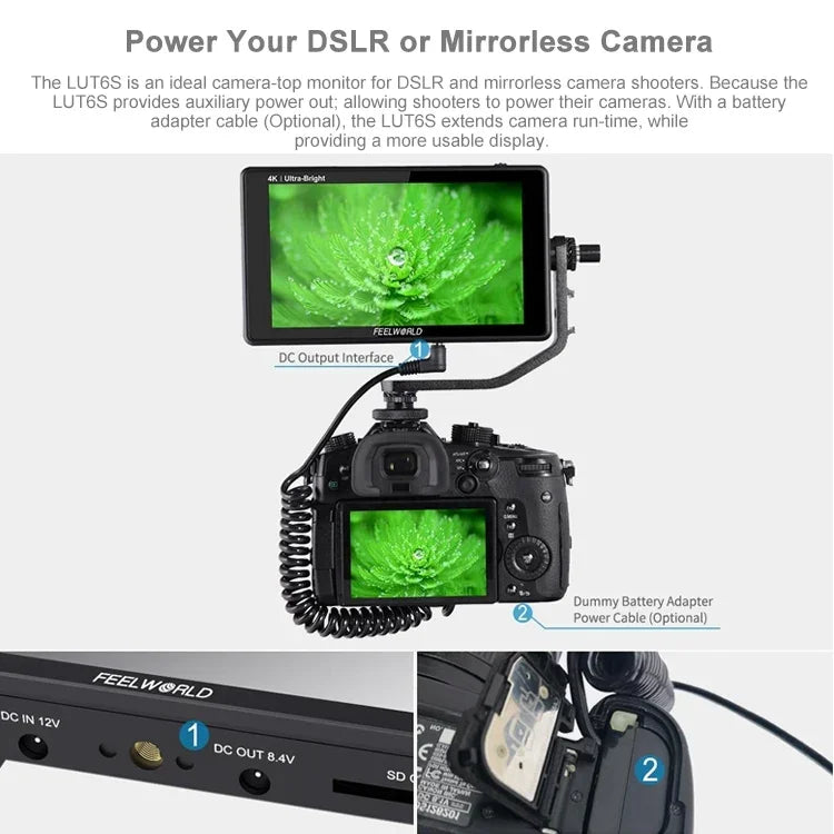 จอมอนิเตอร์กล้อง FEELWORLD LUT6S 1920x1080 2600 nits ขนาด 6 นิ้ว IPS พร้อม HDMI 4K หน้าจอสัมผัส SDI HDI, LUT6S