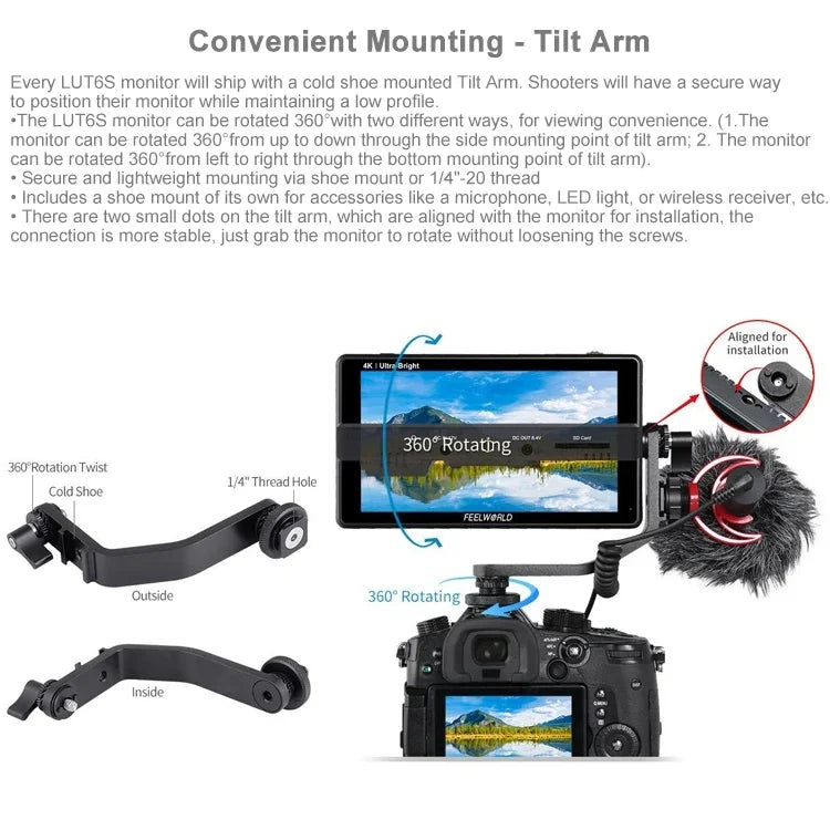 จอมอนิเตอร์กล้อง FEELWORLD LUT6S 1920x1080 2600 nits ขนาด 6 นิ้ว IPS พร้อม HDMI 4K หน้าจอสัมผัส SDI HDI, LUT6S