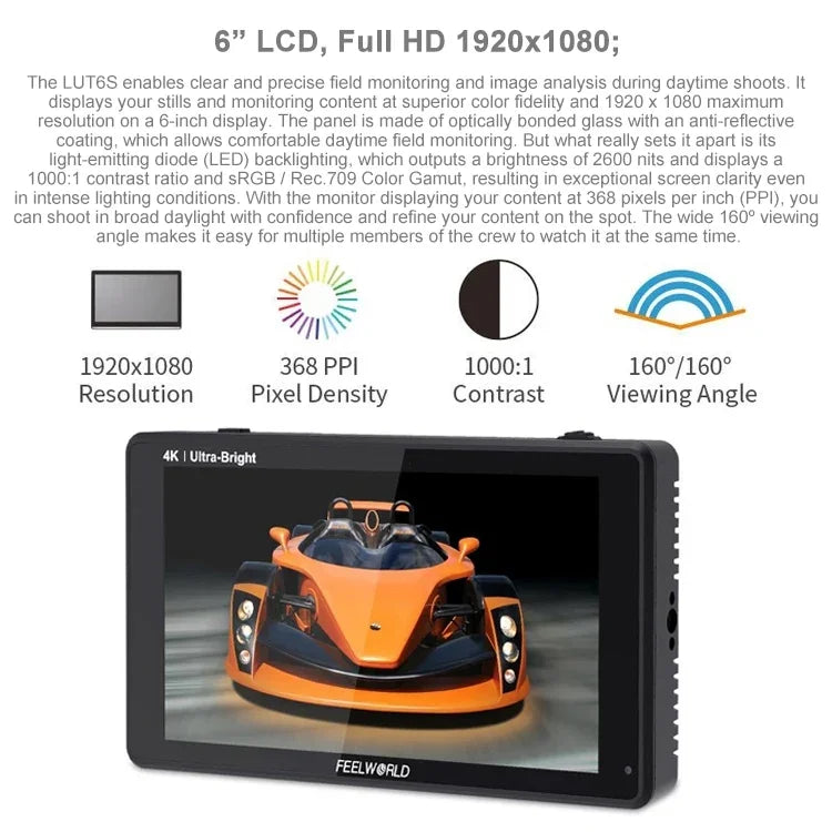 จอมอนิเตอร์กล้อง FEELWORLD LUT6S 1920x1080 2600 nits ขนาด 6 นิ้ว IPS พร้อม HDMI 4K หน้าจอสัมผัส SDI HDI, LUT6S