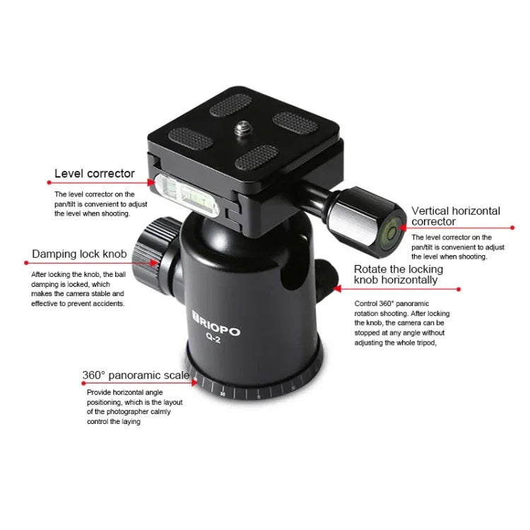 TRIOPO T259G+Q2 ขาตั้งกล้องคาร์บอนไฟเบอร์แบบพกพาปรับได้ พร้อมหัวบอล Q-2 สำหรับกล้อง SLR, T259G+Q2