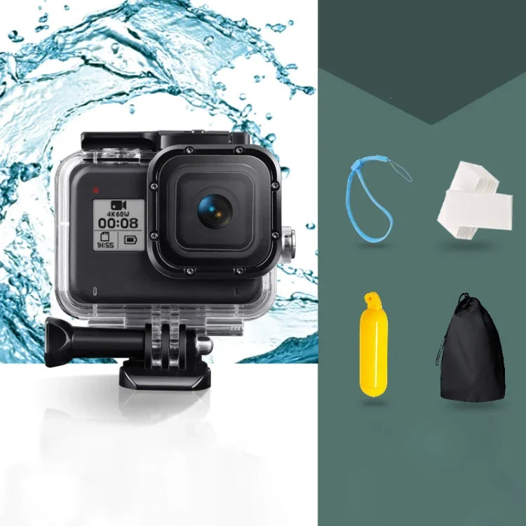 สำหรับเคสกันน้ำ GoPro HERO8 Black 45m พร้อมตัวล็อก ตัวยึดพื้นฐาน & สกรู & ที่จับลอยน้ำ & สายรัด & แผ่นกันฝ้า, เคส HERO8 ใส