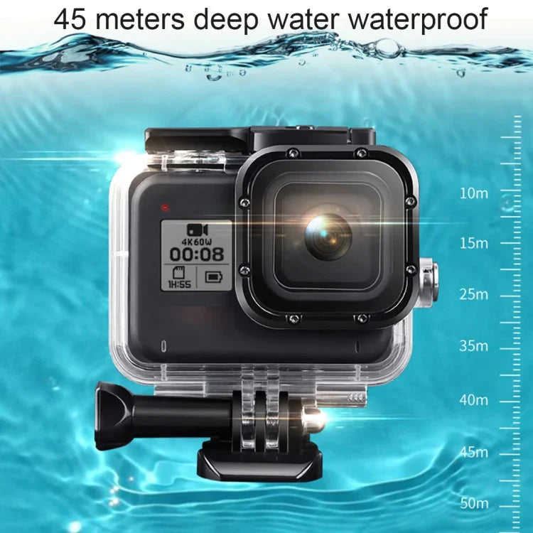 สำหรับเคสกันน้ำ GoPro HERO8 Black 45m พร้อมตัวล็อก ตัวยึดพื้นฐาน & สกรู & ที่จับลอยน้ำ & สายรัด & แผ่นกันฝ้า, เคส HERO8 ใส