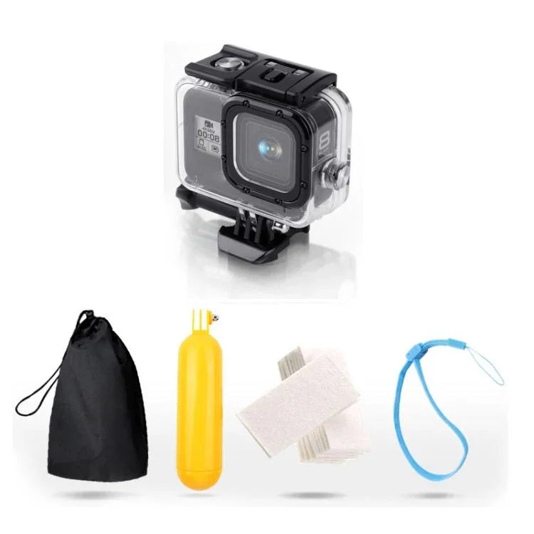 สำหรับเคสกันน้ำ GoPro HERO8 Black 45m พร้อมตัวล็อก ตัวยึดพื้นฐาน & สกรู & ที่จับลอยน้ำ & สายรัด & แผ่นกันฝ้า, เคส HERO8 ใส