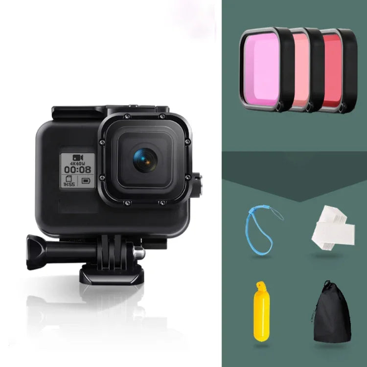 สำหรับเคสกันน้ำ GoPro HERO8 Black 45m พร้อมตัวล็อก ฐานยึดพื้นฐาน & สกรู & ฟิลเตอร์ (สีม่วง, แดง, ชมพู) & ที่จับลอยน้ำ & สายรัด & แผ่นกันฝ้า, เคส HERO8 ใส+ฟิลเตอร์