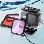 สำหรับเคสกันน้ำ GoPro HERO8 Black 45m พร้อมตัวล็อก ฐานยึดพื้นฐาน & สกรู & ฟิลเตอร์ (สีม่วง, แดง, ชมพู) & ที่จับลอยน้ำ & สายรัด & แผ่นกันฝ้า, เคส HERO8 ใส+ฟิลเตอร์