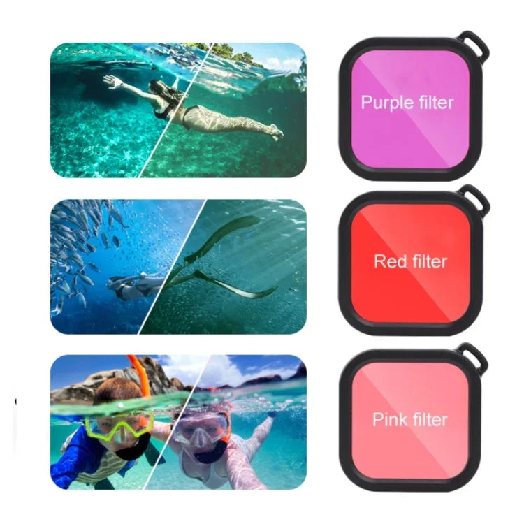 สำหรับเคสกันน้ำ GoPro HERO8 Black 45m พร้อมตัวล็อก ฐานยึดพื้นฐาน & สกรู & ฟิลเตอร์ (สีม่วง, แดง, ชมพู) & ที่จับลอยน้ำ & สายรัด & แผ่นกันฝ้า, เคส HERO8 ใส+ฟิลเตอร์