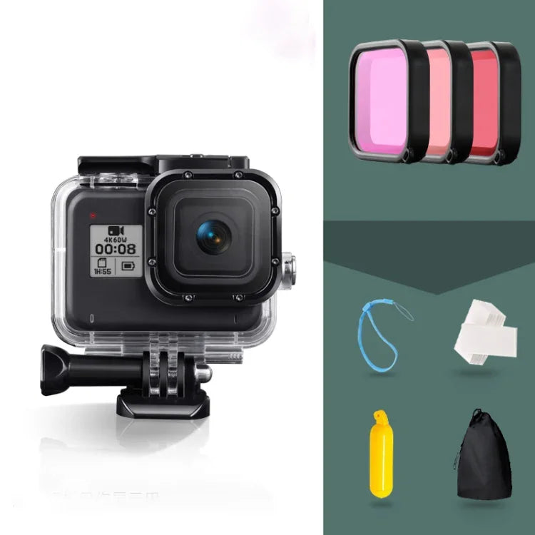 สำหรับเคสกันน้ำ GoPro HERO8 Black 45m พร้อมตัวล็อก ตัวยึดพื้นฐาน & สกรู & ฟิลเตอร์ (ม่วง, แดง, ชมพู) & ที่จับลอยน้ำ & สายรัด & แผ่นกันฝ้า, เคส HERO8 สีดำ+ฟิลเตอร์