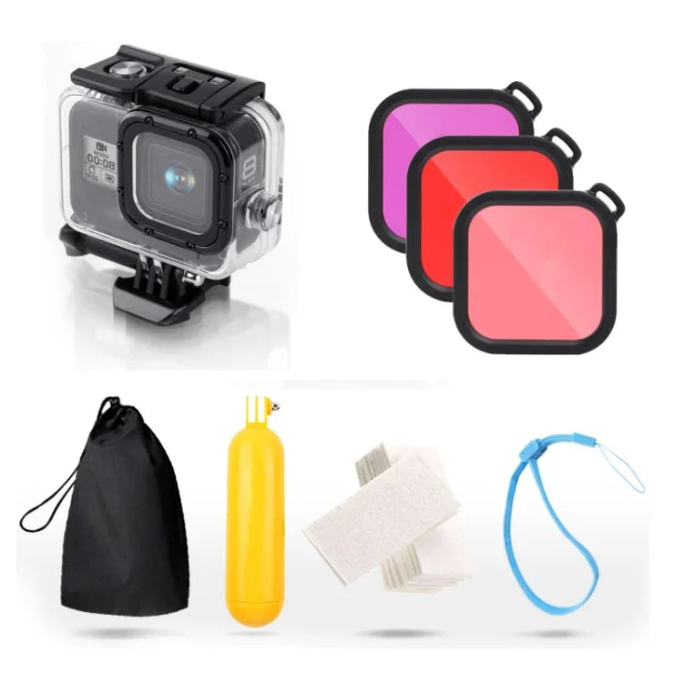 สำหรับเคสกันน้ำ GoPro HERO8 Black 45m พร้อมตัวล็อก ตัวยึดพื้นฐาน & สกรู & ฟิลเตอร์ (ม่วง, แดง, ชมพู) & ที่จับลอยน้ำ & สายรัด & แผ่นกันฝ้า, เคส HERO8 สีดำ+ฟิลเตอร์