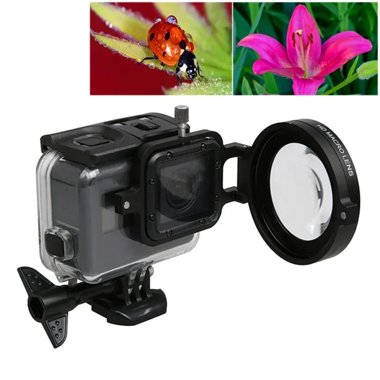 สำหรับกล้องแอคชัน GoPro HERO5 Sport เลนส์มาโคร 58 มม. กำลังขยาย 16X พร้อมฐานเลนส์, วงแหวนอะแดปเตอร์, ฝาปิดเลนส์, สายรัดมือกันหล่น และผ้าเช็ดทำความสะอาด