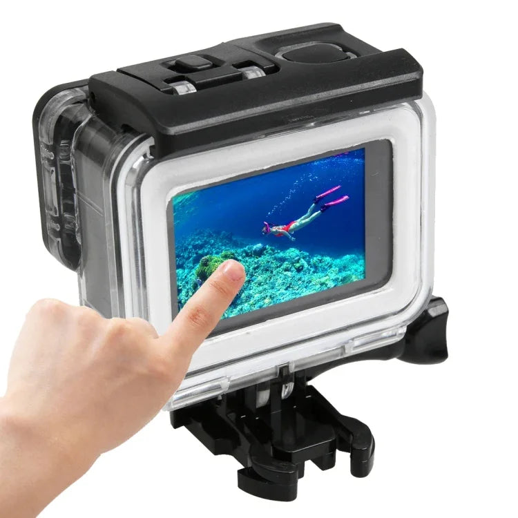 เคสกันน้ำ PC & ABS สำหรับ GoPro HERO5 30m พร้อมฝาหลังสัมผัสและตัวล็อก ตัวยึดพื้นฐาน & สกรูยาว, ขนาดฝาหลัง: 7 x 6 ซม., เคสป้องกัน