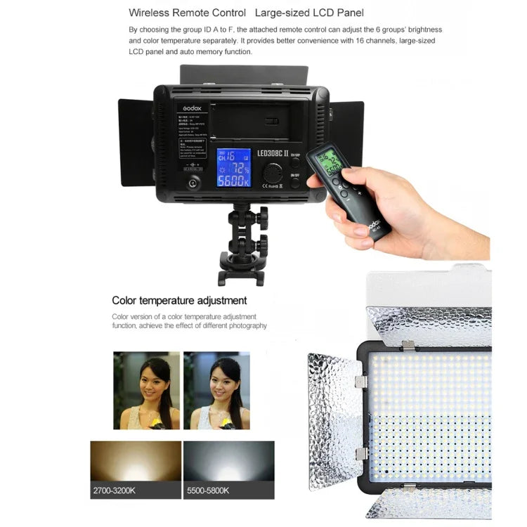 Godox LED308C II ไฟถ่ายภาพ LED 308 ดวง ปรับความสว่างได้ 860LUX ไฟสตูดิโอมืออาชีพสำหรับวล็อกและถ่ายวิดีโอสำหรับกล้อง Canon / Nikon DSLR
