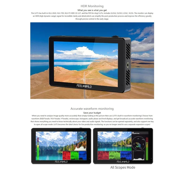 FEELWORLD LUT5 จอมอนิเตอร์กล้อง DSLR ขนาด 5.5 นิ้ว ความสว่างสูงพิเศษ 3000 นิต แบบสัมผัส, LUT5