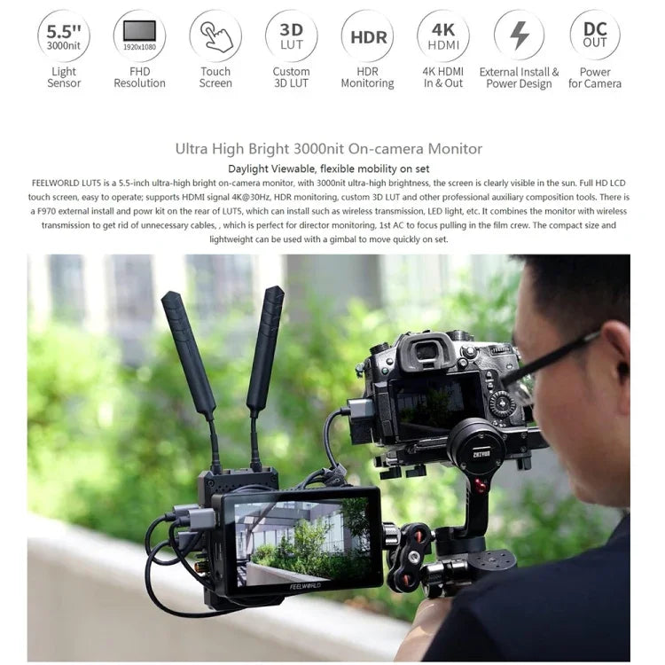 FEELWORLD LUT5 จอมอนิเตอร์กล้อง DSLR ขนาด 5.5 นิ้ว ความสว่างสูงพิเศษ 3000 นิต แบบสัมผัส, LUT5