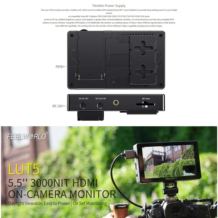 FEELWORLD LUT5 จอมอนิเตอร์กล้อง DSLR ขนาด 5.5 นิ้ว ความสว่างสูงพิเศษ 3000 นิต แบบสัมผัส, LUT5