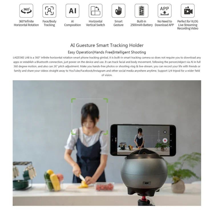 LAIZESKE LA8 หุ่นยนต์ถ่ายภาพอัจฉริยะ ติดตามอัตโนมัติ 360 องศา พร้อมที่ยึดโทรศัพท์, LA8