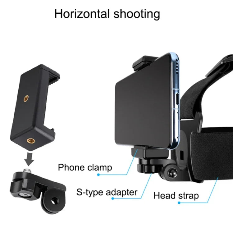 สายรัดหัวยืดหยุ่นพร้อมที่หนีบโทรศัพท์ สกรู และอะแดปเตอร์แบบ S สำหรับ GoPro HERO10 Black / HERO9 Black /8 /7 /6 /5, Xiaoyi และกล้องแอคชั่นอื่นๆ, สมาร์ทโฟน