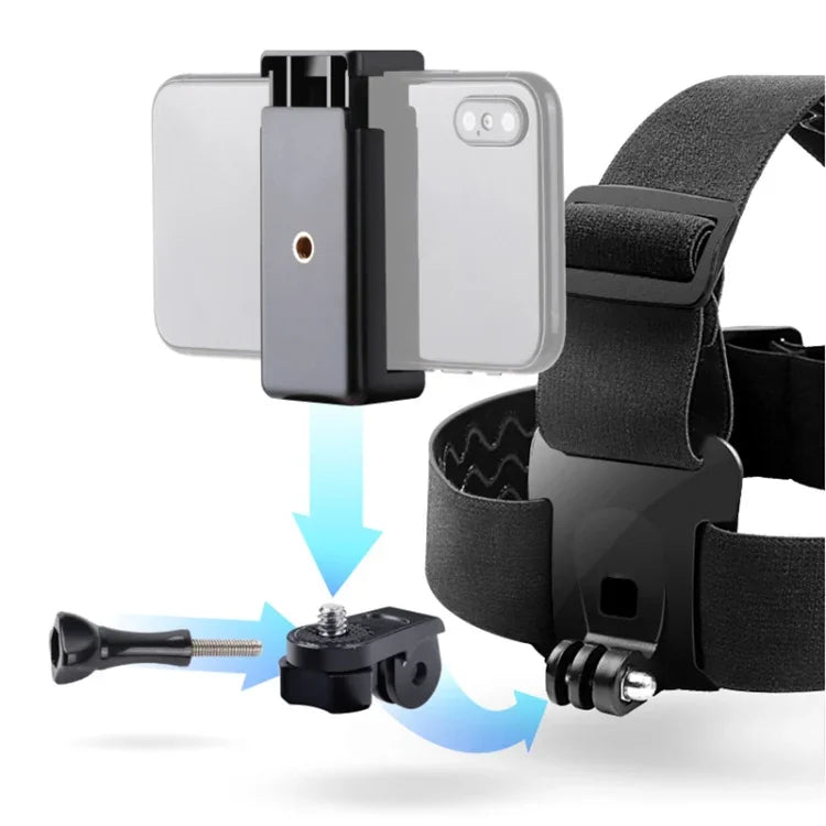 สายรัดหัวยืดหยุ่นพร้อมที่หนีบโทรศัพท์ สกรู และอะแดปเตอร์แบบ S สำหรับ GoPro HERO10 Black / HERO9 Black /8 /7 /6 /5, Xiaoyi และกล้องแอคชั่นอื่นๆ, สมาร์ทโฟน