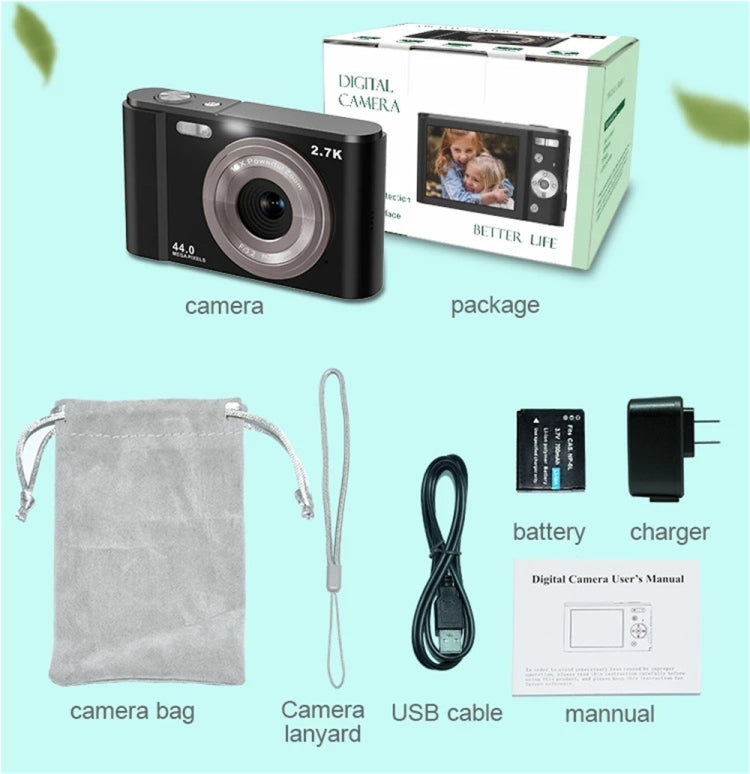 กล้องดิจิตอล DC302 ขนาด 2.88 นิ้ว 44MP ซูม 16X 2.7K Full HD สำหรับเด็ก พร้อมปลั๊ก US