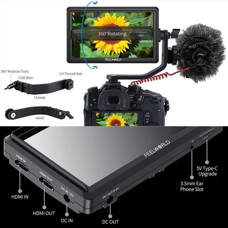 จอมอนิเตอร์กล้อง DSLR FEELWORLD FW568 V3 ขนาด 6 นิ้ว 3D LUT, IPS Full HD 1920 x 1152, รองรับ HDMI เข้า-ออก พร้อมแขนปรับเอียง