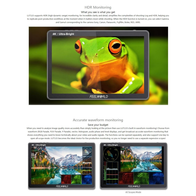 FEELWORLD LUT11S จอทัชสกรีนขนาด 10.1 นิ้ว ความสว่างสูงพิเศษ 2000nit มอนิเตอร์กล้อง DSLR ฟิลด์, 3G-SDI 4K HDMI อินพุตเอาต์พุต 1920 x 1200 จอ IPS, LUT11S