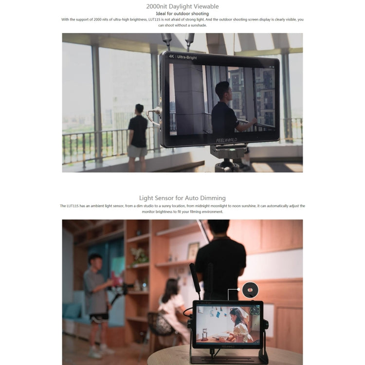 FEELWORLD LUT11S จอทัชสกรีนขนาด 10.1 นิ้ว ความสว่างสูงพิเศษ 2000nit มอนิเตอร์กล้อง DSLR ฟิลด์, 3G-SDI 4K HDMI อินพุตเอาต์พุต 1920 x 1200 จอ IPS, LUT11S
