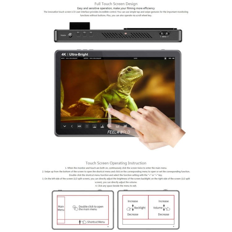 FEELWORLD LUT11S จอทัชสกรีนขนาด 10.1 นิ้ว ความสว่างสูงพิเศษ 2000nit มอนิเตอร์กล้อง DSLR ฟิลด์, 3G-SDI 4K HDMI อินพุตเอาต์พุต 1920 x 1200 จอ IPS, LUT11S