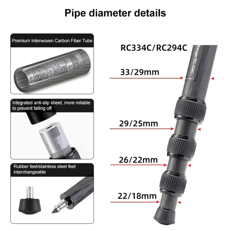 ขาตั้งกล้องคาร์บอนไฟเบอร์พับได้แบบพกพา BEXIN RC294 พร้อมหัวบอลพาโนรามา K44, RC294+K44
