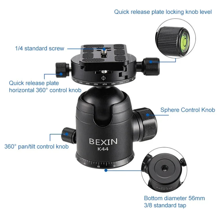 ขาตั้งกล้องคาร์บอนไฟเบอร์พับได้แบบพกพา BEXIN RC334 พร้อมหัวบอลพาโนรามา K44, RC334+K44