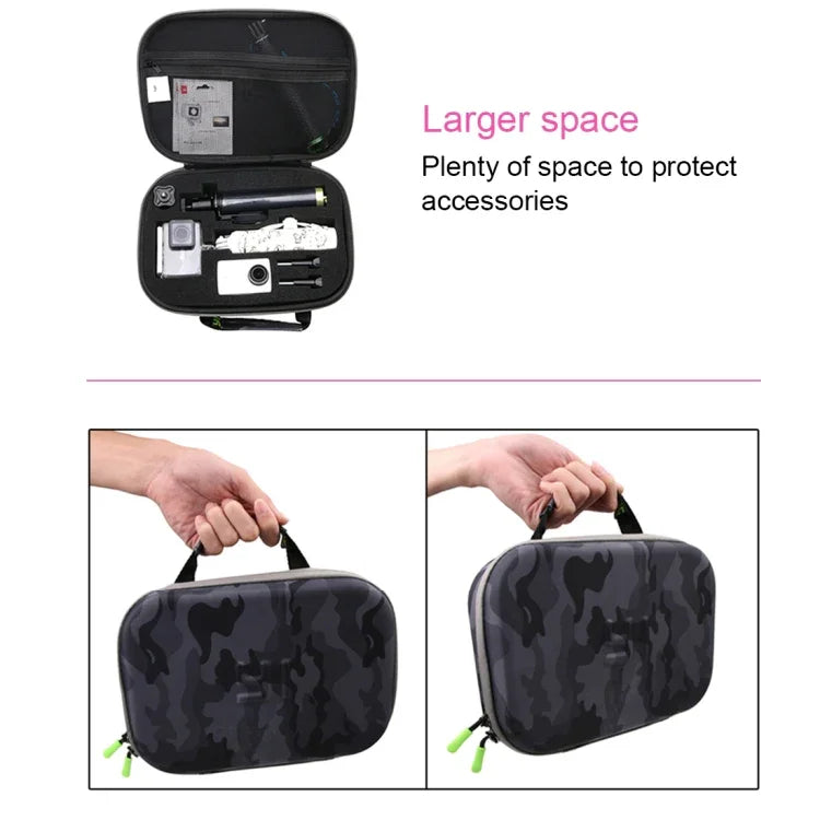 กระเป๋าใส่กล้องกันกระแทกกันน้ำลายพราง EVA แบบพกพาสำหรับ GoPro, Insta360, DJI และอุปกรณ์เสริมกล้องแอคชั่นอื่นๆ ขนาด: 27 ซม. x 19 ซม. x 7 ซม.