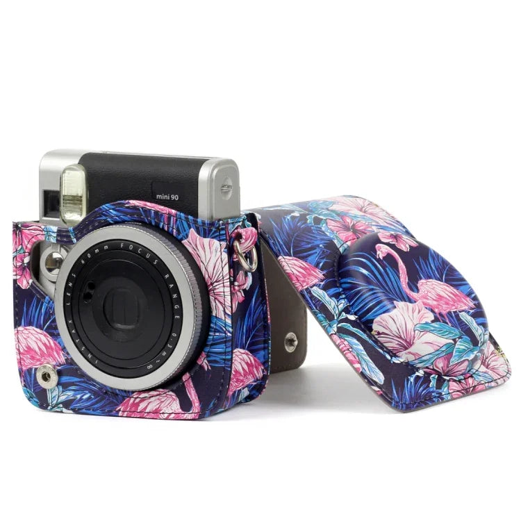 กระเป๋าเคสกล้องหนัง PU ลายฟลามิงโก้สำหรับกล้อง FUJIFILM Instax Mini90, ลายฟลามิงโก้