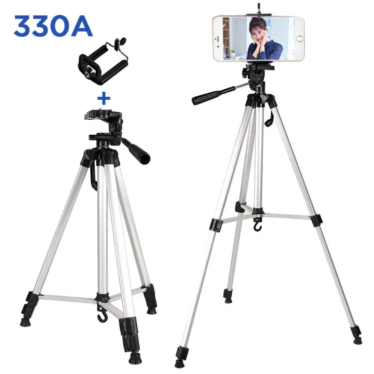 ขาตั้งกล้องถ่ายทอดสด ขาตั้งอลูมิเนียม 3 ท่อนพับได้ พร้อมหัวขาตั้งรูปตัว U 3 มิติ และที่หนีบโทรศัพท์ สำหรับกล้อง DSLR & กล้องดิจิทัล, ปรับความสูงได้: 47.5-133 ซม., 330A