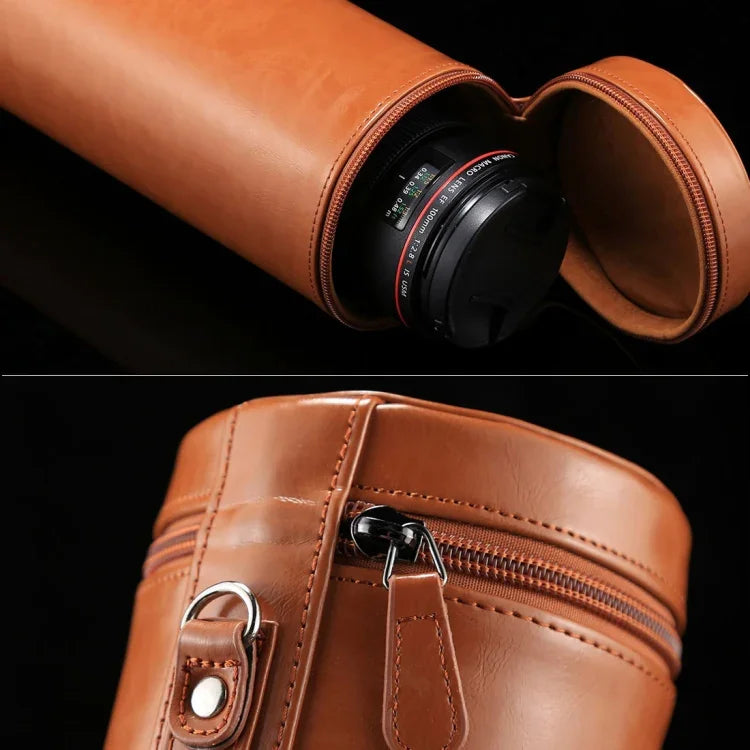 กระเป๋าใส่เลนส์ขนาดใหญ่พิเศษแบบซิปทำจากหนัง PU สำหรับเลนส์กล้อง DSLR ขนาด: 24.5*10.5*10.5 ซม. 24.5 x 10.5 ซม. (น้ำตาล), 24.5 x 10.5 ซม. (กาแฟ), 24.5 x 10.5 ซม. (ดำ)